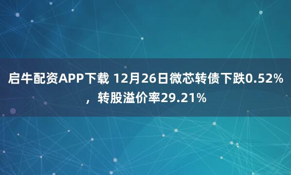 启牛配资APP下载 12月26日微芯转债下跌0.52%，转股溢价率29.21%